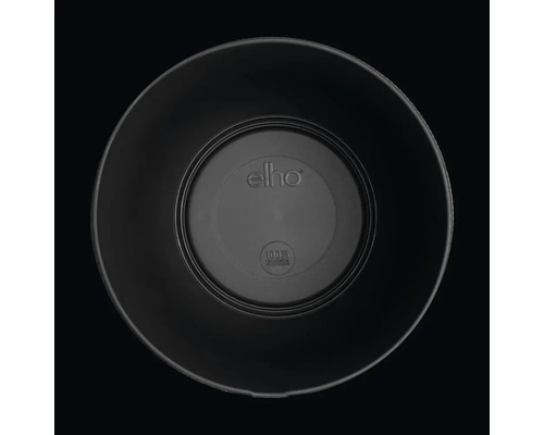 Pot de fleurs noir en plastique, vue intérieure avec le logo Elho et le symbole 100 pour cent recyclé