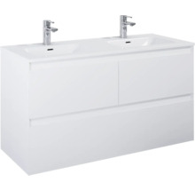 Waschtischunterschrank mit zwei Waschbecken und zwei Armaturen