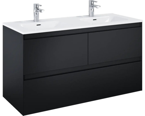 Waschtischunterschrank mit zwei Waschbecken und zwei Armaturen