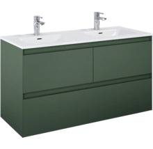 Waschtischunterschrank mit zwei Waschbecken und zwei Armaturen