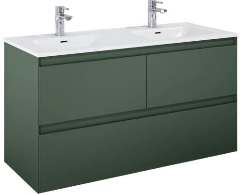 Waschtischunterschrank mit zwei Waschbecken und zwei Armaturen