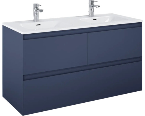 Waschtischunterschrank mit zwei Waschbecken und zwei Armaturen