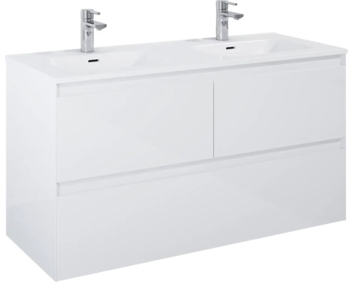 Meuble sous-lavabo avec deux lavabos et deux robinets