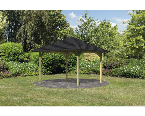 Holzpavillon mit Ziegeldach im Garten