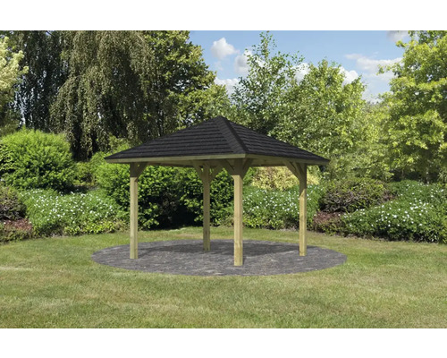 Holzpavillon mit schwarzem Dach im Garten
