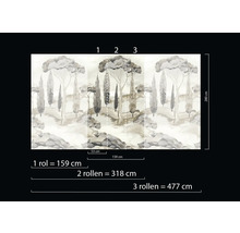 Papier peint avec paysage arboré et indications de dimensions