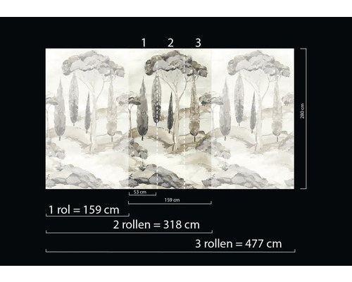 Papier peint avec paysage arboré et indications de dimensions