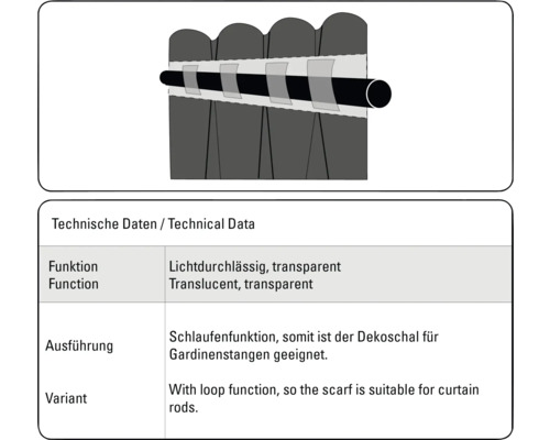 Illustration eines transparenten Dekoschals mit Schlaufenfunktion für Gardinenstangen