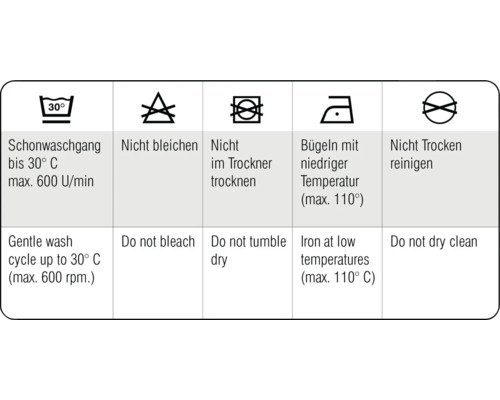 Waschsymbole: Schonwaschgang bis 30 Grad, nicht bleichen, nicht im Trockner trocknen, bügeln mit niedriger Temperatur, nicht trocken reinigen