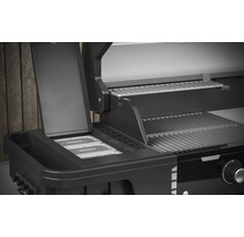 Vue détaillée d''un gril à gaz noir avec espace de rangement et grille.