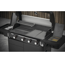 Barbecue à gaz ouvert avec quatre brûleurs et une grille de maintien au chaud.