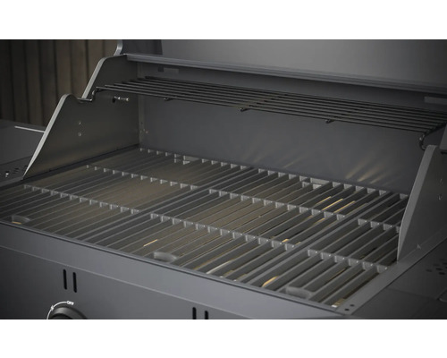 Offener Gasgrill mit Grillrost und Warmhalterost.