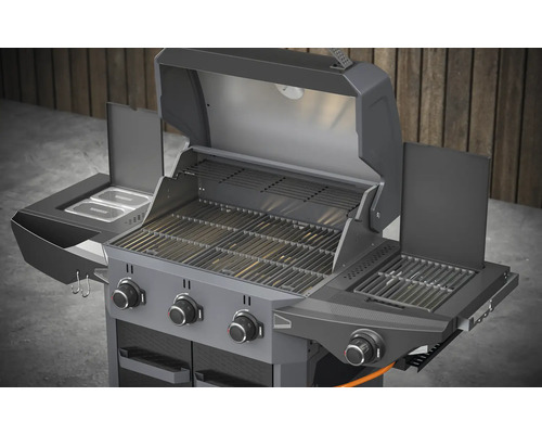 Gasgrill mit Grillrosten, Warmhalterost und Seitenablagen