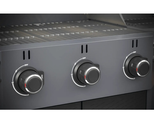 Nahaufnahme eines Gasgrills mit drei Drehreglern zur Temperaturregelung