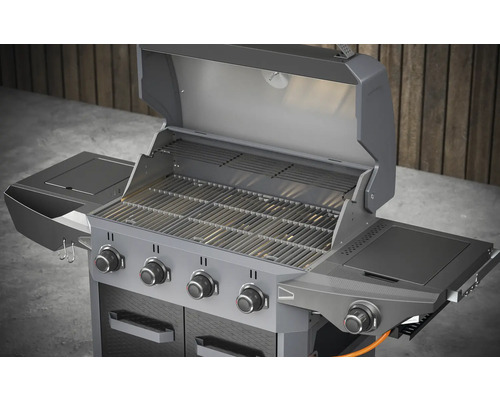 Gasgrill mit vier Brennern, Seitenbrenner und offenem Deckel