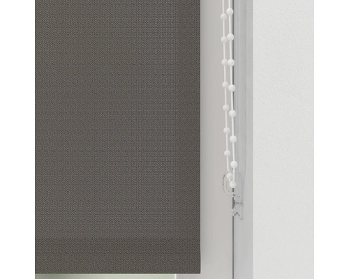 Graues Rollo mit Kettenzug zur Fensterdekoration und Lichtregulierung.