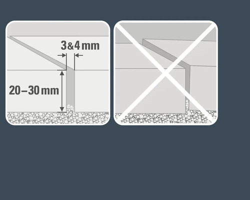 Illustration de la largeur de joint correcte de 3 et 4 millimètres et d''une profondeur de joint de 20 à 30 millimètres.
