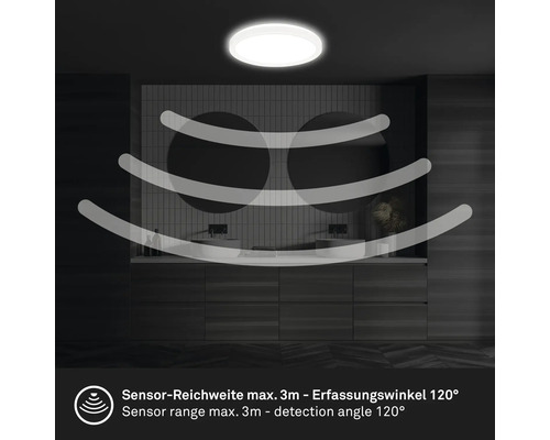 Plafonnier avec détecteur de mouvement dans une salle de bains avec une portée de détection maximale de 3 mètres et un angle de détection de 120 degrés.