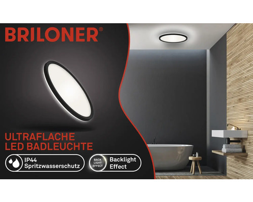 Flache LED-Badleuchte mit Spritzwasserschutz in einem Badezimmer. Briloner Logo.