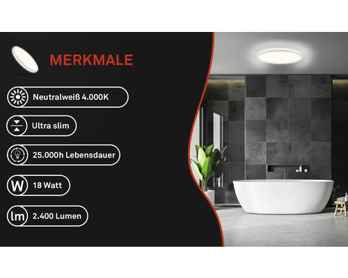 Flache Deckenleuchte mit neutralweissem Licht in einem Badezimmer