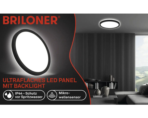 Briloner Logo. Flaches LED Panel mit Hintergrundbeleuchtung in einem Wohnraum. Schutz vor Spritzwasser gemäß IP44. Mikrowellensensor.