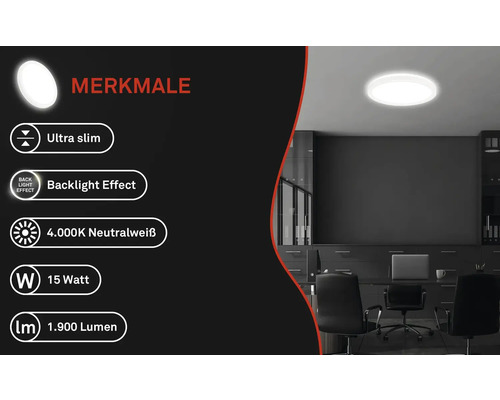 Plafonnier plat de 15 watts, 1900 lumens et lumière blanche neutre dans un bureau.