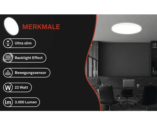 Merkmale einer LED Deckenleuchte: ultraflaches Design, Hintergrundbeleuchtungseffekt, Bewegungssensor, 22 Watt Leistung und 3.000 Lumen Lichtstrom