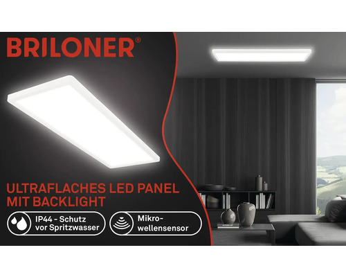 Panneau LED plat avec rétroéclairage dans le salon, logo Briloner, protection IP44, capteur à micro-ondes