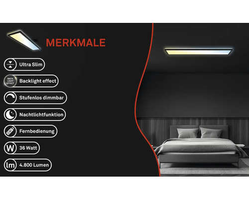Schlafzimmer mit einer flachen Deckenleuchte und den Merkmalen Ultra Slim, Hintergrundbeleuchtung, Stufenlos dimmbar, Nachtlichtfunktion, Fernbedienung, 36 Watt und 4800 Lumen.