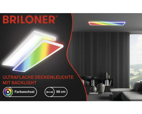 Briloner Logo. Flache Deckenleuchte mit Farbwechsel und 98 Zentimeter Länge im Wohnzimmer.