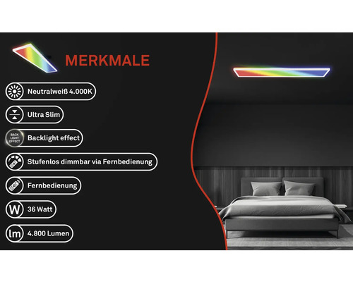 Deckenleuchte mit neutralweissem Licht, ultraflachem Design, Hintergrundbeleuchtung, stufenloser Dimmung per Fernbedienung, 36 Watt und 4800 Lumen im Schlafzimmer.