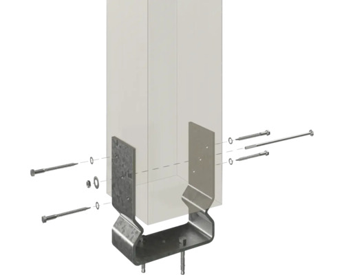 Support de poteau avec vis et rondelles pour la fixation d''un poteau en bois.