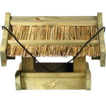 Vogelhaus aus Holz mit Strohdach und Aufhängeschnur