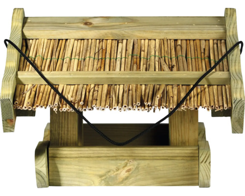 Vogelhaus aus Holz mit Strohdach und Aufhängeschnur
