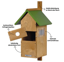 Nichoir en bois avec toit vert, tailles de trous d''envol interchangeables et façade amovible