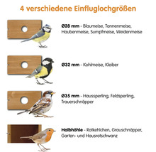 Informations sur différentes tailles de trous d''envol pour les nichoirs et les espèces d''oiseaux appropriées.