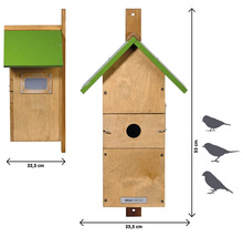 Nichoir en bois avec dimensions 22,5 cm x 25,5 cm x 53 cm