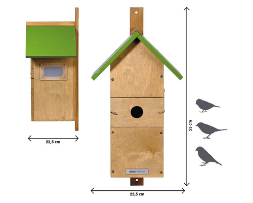 Nichoir en bois avec dimensions 22,5 cm x 25,5 cm x 53 cm