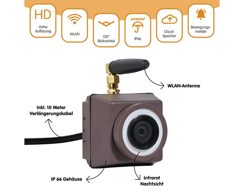 Caméra de surveillance avec antenne wifi, vision nocturne infrarouge, boîtier IP66 et câble d''extension de 10 mètres