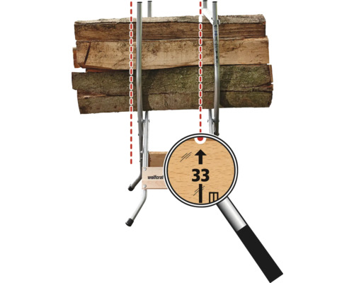 Brennholzregal mit Brennholz und Größensymbol