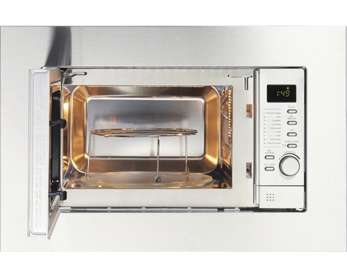 Geöffnete Mikrowelle mit Drehteller und Grillrost