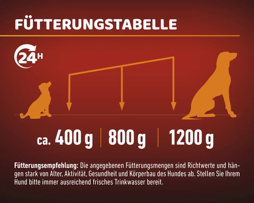 Fütterungstabelle mit Fütterungsempfehlung für Hunde, Angabe der Futtermenge je nach Hundegröße