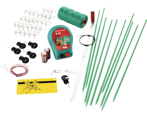 Elektrozaun Komplettset mit Weidezaungerät, Zaunlitze, Erdungspfahl, Zaunpfählen und Zubehör