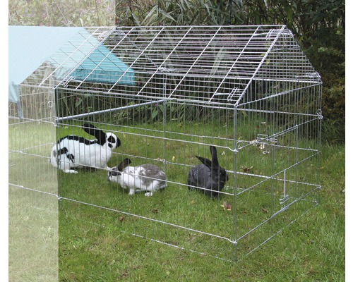 Trois lapins dans une cage en fil de fer à l''extérieur.
