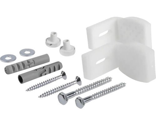 Matériel de fixation pour cabines de douche, comprenant un connecteur d''angle, des chevilles, des vis et des rondelles