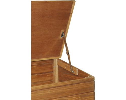 Detailansicht einer offenen Gartenbox aus Holz mit Deckelstütze
