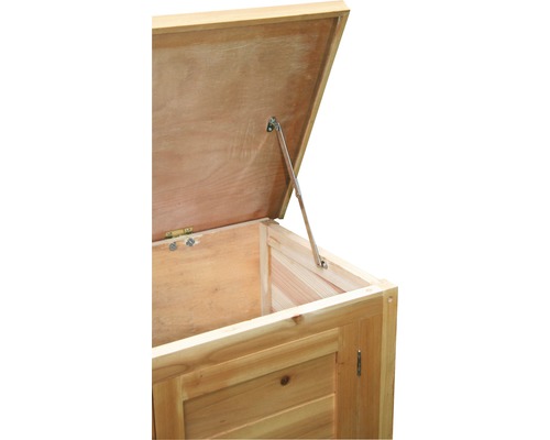 Coffre en bois ouvert avec mécanisme de levage pour le couvercle