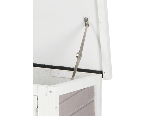 Vue détaillée d''un coffre de jardin en bois ouvert avec support de couvercle