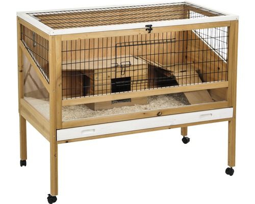 Cage en bois pour petits animaux avec grille et tiroir sur roulettes
