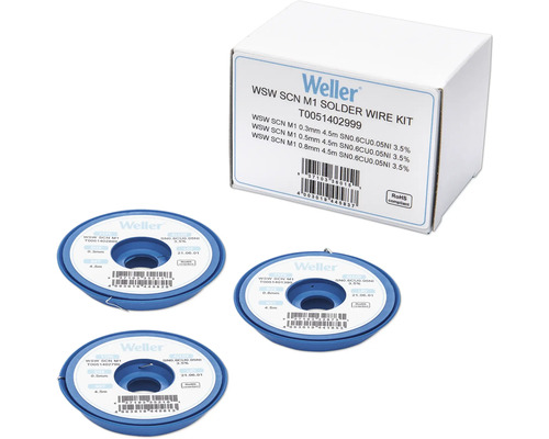 Kit de fil à souder Weller avec trois fils à souder de différents diamètres et logo Weller sur l''emballage